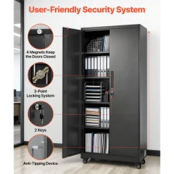 VEVOR Metal Storage Cabinet, 70.6 in Rolling Steel Garage Cabinet with Adjustable Shelves, 2 Magnetic Doors, Hanging Rod & 3 Rod Hooks, 5 Tiers Lockable Tool Storage for Pantry, Warehouse, Basement