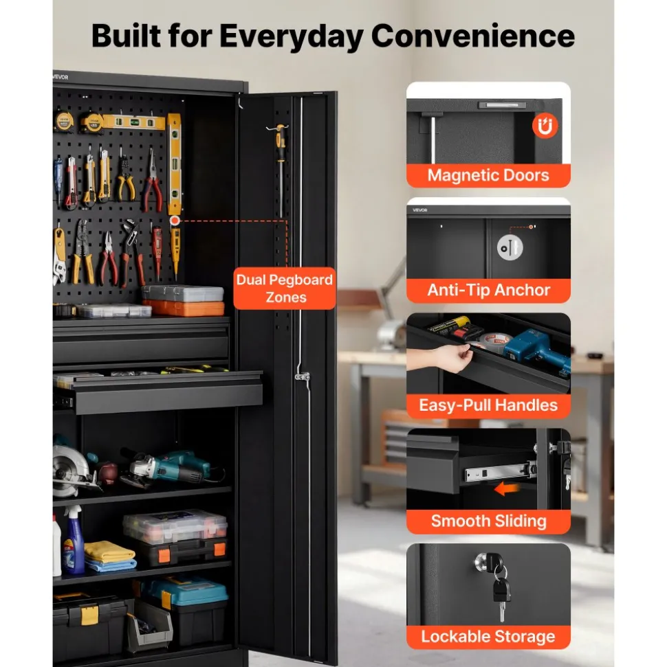 VEVOR Metal Storage Cabinet, 180 lbs Shelf Load Capacity, 70.87" Tall Garage Tool Storage Cabinet with 2 Locking Doors, Adjustable Shelves, 2 Drawers, Pegboard, for Garage, Home, Office, Utility Room