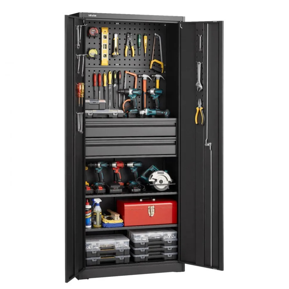 VEVOR Metal Storage Cabinet, 180 lbs Shelf Load Capacity, 70.87" Tall Garage Tool Storage Cabinet with 2 Locking Doors, Adjustable Shelves, 2 Drawers, Pegboard, for Garage, Home, Office, Utility Room