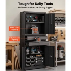 VEVOR Metal Storage Cabinet, 180 lbs Shelf Load Capacity, 70.87" Tall Garage Tool Storage Cabinet with 4 Locking Doors and Adjustable Shelves, 2 Drawers, for Garage, Home, Office, Utility Room, Black