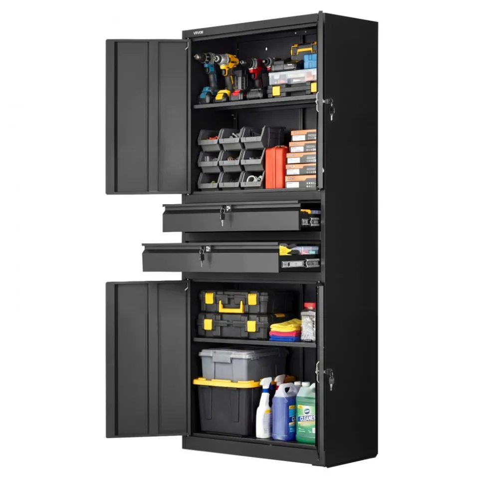 VEVOR Metal Storage Cabinet, 180 lbs Shelf Load Capacity, 70.87" Tall Garage Tool Storage Cabinet with 4 Locking Doors and Adjustable Shelves, 2 Drawers, for Garage, Home, Office, Utility Room, Black