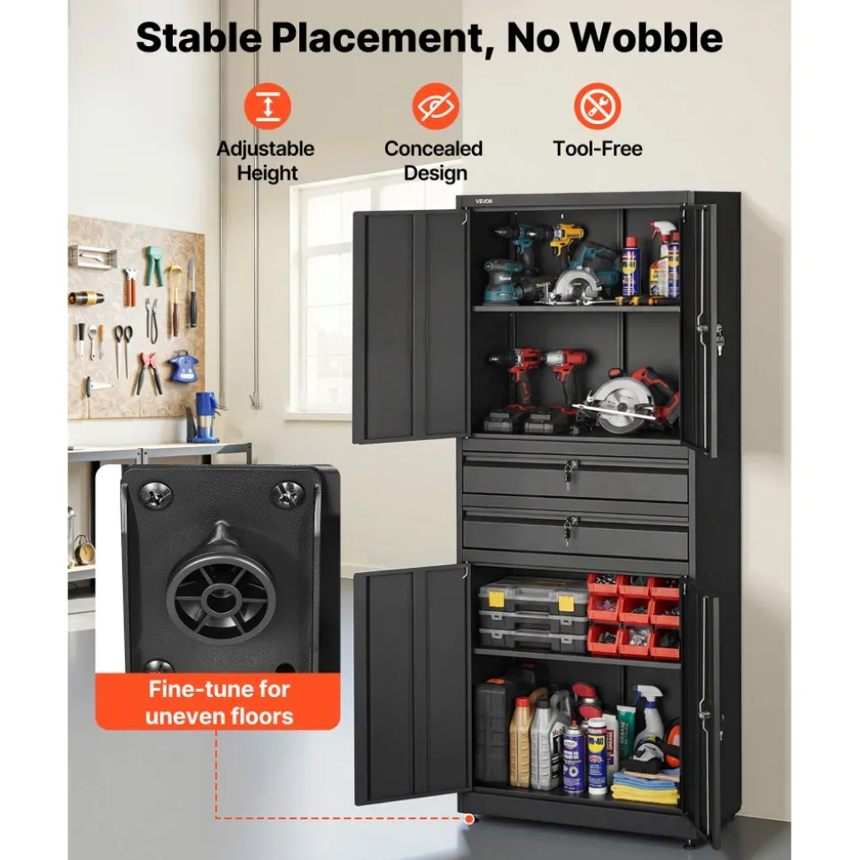 VEVOR Metal Storage Cabinet, 180 lbs Shelf Load Capacity, 70.87" Tall Garage Tool Storage Cabinet with 4 Locking Doors and Adjustable Shelves, 2 Drawers, for Garage, Home, Office, Utility Room, Black