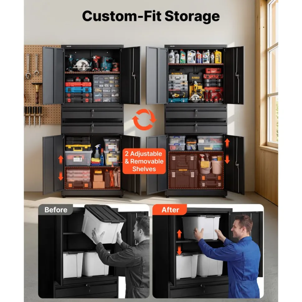 VEVOR Metal Storage Cabinet, 180 lbs Shelf Load Capacity, 70.87" Tall Garage Tool Storage Cabinet with 4 Locking Doors and Adjustable Shelves, 2 Drawers, for Garage, Home, Office, Utility Room, Black
