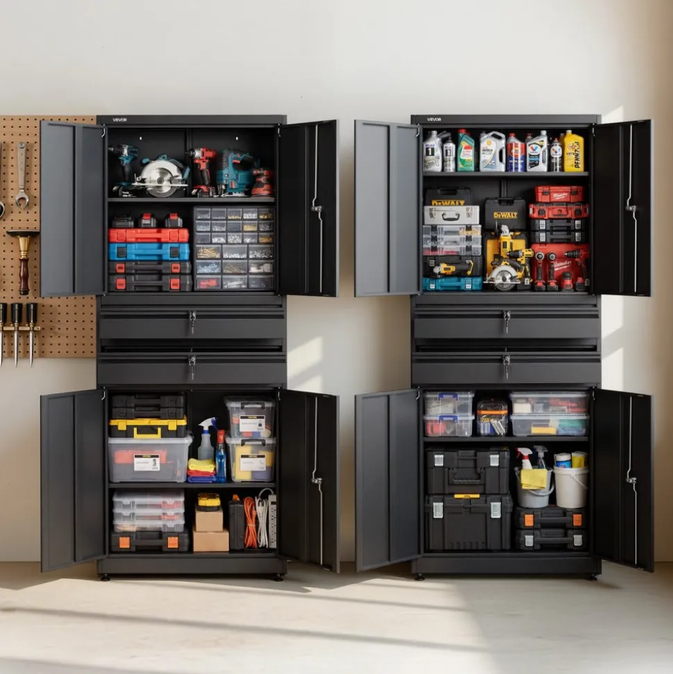 VEVOR Metal Storage Cabinet, 180 lbs Shelf Load Capacity, 70.87" Tall Garage Tool Storage Cabinet with 4 Locking Doors and Adjustable Shelves, 2 Drawers, for Garage, Home, Office, Utility Room, Black