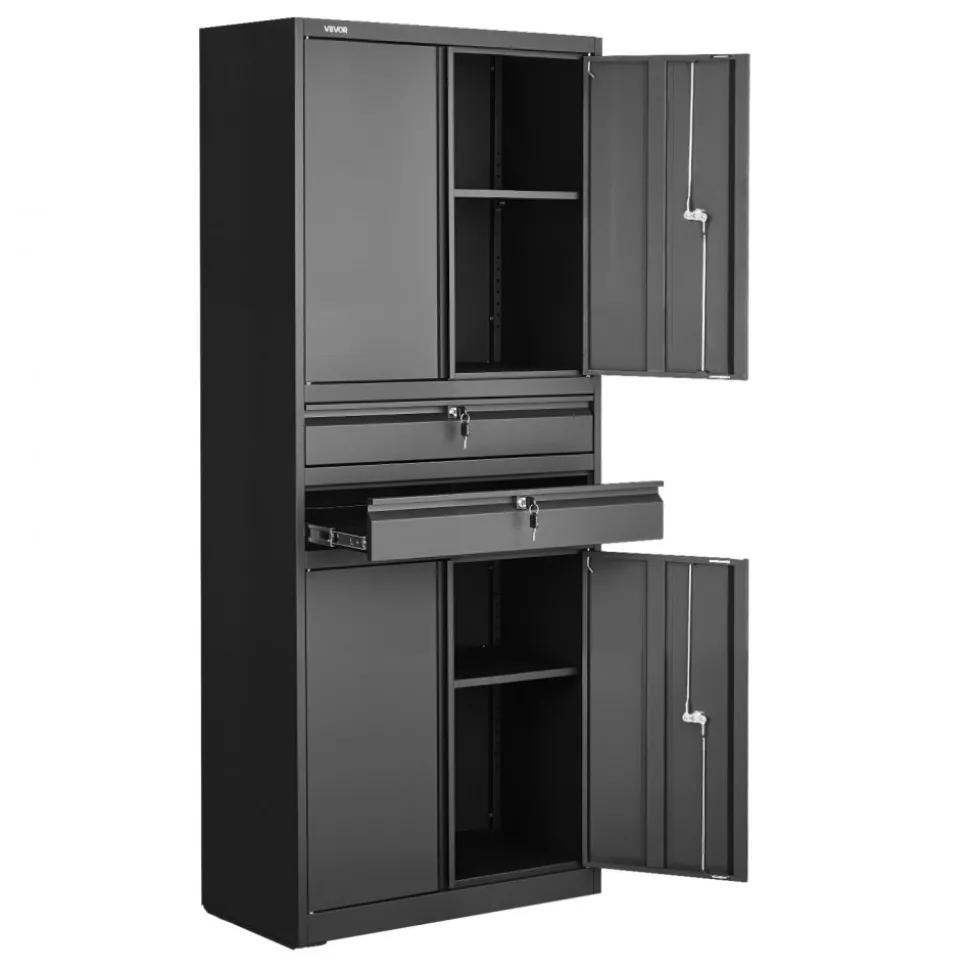 VEVOR Metal Storage Cabinet, 180 lbs Shelf Load Capacity, 70.87" Tall Garage Tool Storage Cabinet with 4 Locking Doors and Adjustable Shelves, 2 Drawers, for Garage, Home, Office, Utility Room, Black