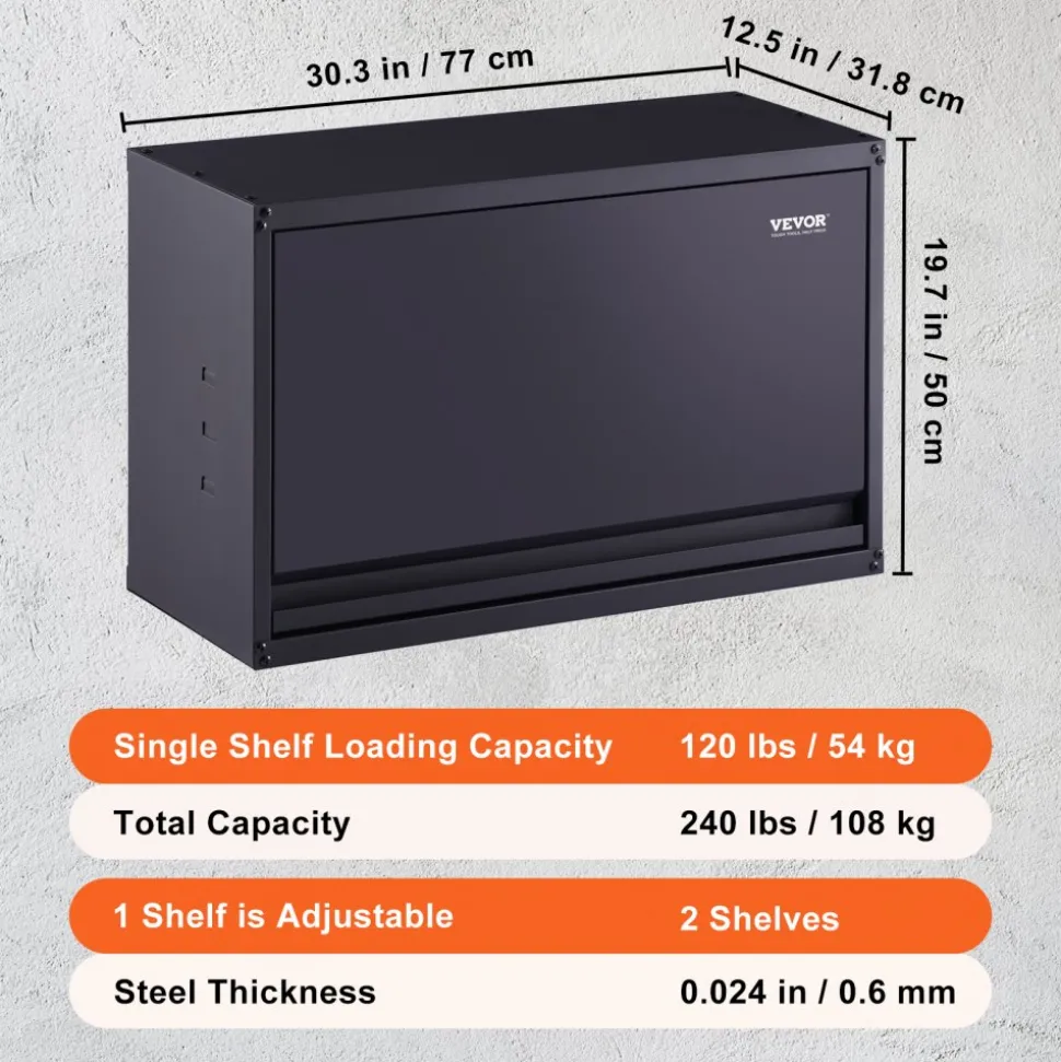 VEVOR Metal Storage Cabinet, 120lbs Load Capacity per Shelf, 20'' Tall Wall-Mounted Powder-Coating Steel Garage Cabinet with Adjustable Shelf, Press to Lock & Open Door, Perfect for Office Home Garage