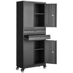 VEVOR Metal Storage Cabinet with Wheels, 180 lbs Shelf Load Capacity, 75" Tall Rolling Garage Tool Storage Cabinet with 4 Locking Doors and Adjustable Shelves, 2 Drawers, for Garage, Office, Home