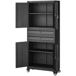 VEVOR Metal Storage Cabinet with Wheels, 180 lbs Shelf Load Capacity, 75" Tall Rolling Garage Tool Storage Cabinet with 4 Locking Doors and Adjustable Shelves, 2 Drawers, for Garage, Office, Home