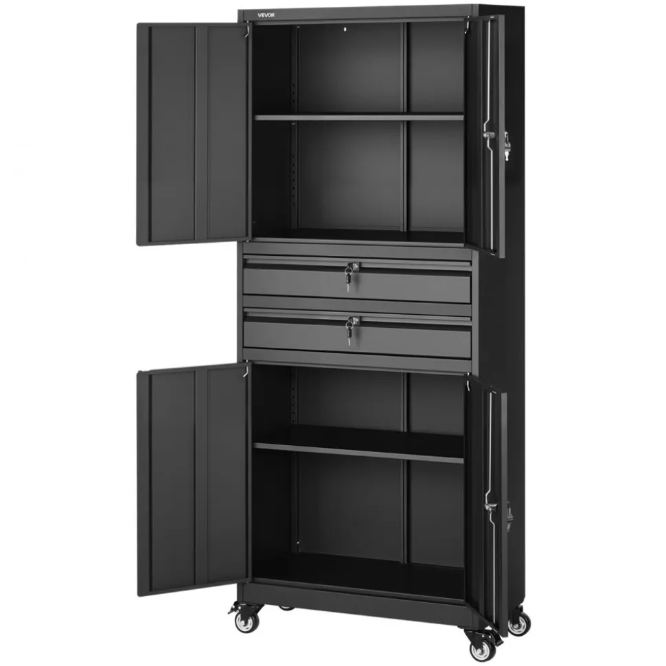 VEVOR Metal Storage Cabinet with Wheels, 180 lbs Shelf Load Capacity, 75" Tall Rolling Garage Tool Storage Cabinet with 4 Locking Doors and Adjustable Shelves, 2 Drawers, for Garage, Office, Home