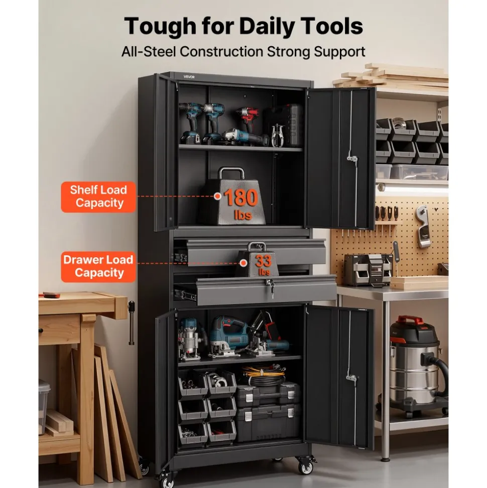 VEVOR Metal Storage Cabinet with Wheels, 180 lbs Shelf Load Capacity, 75" Tall Rolling Garage Tool Storage Cabinet with 4 Locking Doors and Adjustable Shelves, 2 Drawers, for Garage, Office, Home