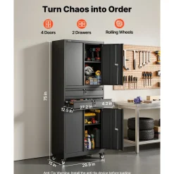 VEVOR Metal Storage Cabinet with Wheels, 180 lbs Shelf Load Capacity, 75