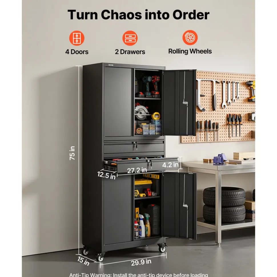 VEVOR Metal Storage Cabinet with Wheels, 180 lbs Shelf Load Capacity, 75" Tall Rolling Garage Tool Storage Cabinet with 4 Locking Doors and Adjustable Shelves, 2 Drawers, for Garage, Office, Home