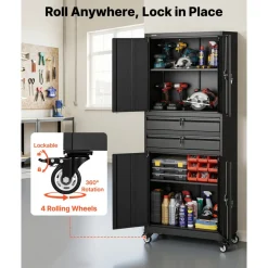 VEVOR Metal Storage Cabinet with Wheels, 180 lbs Shelf Load Capacity, 75
