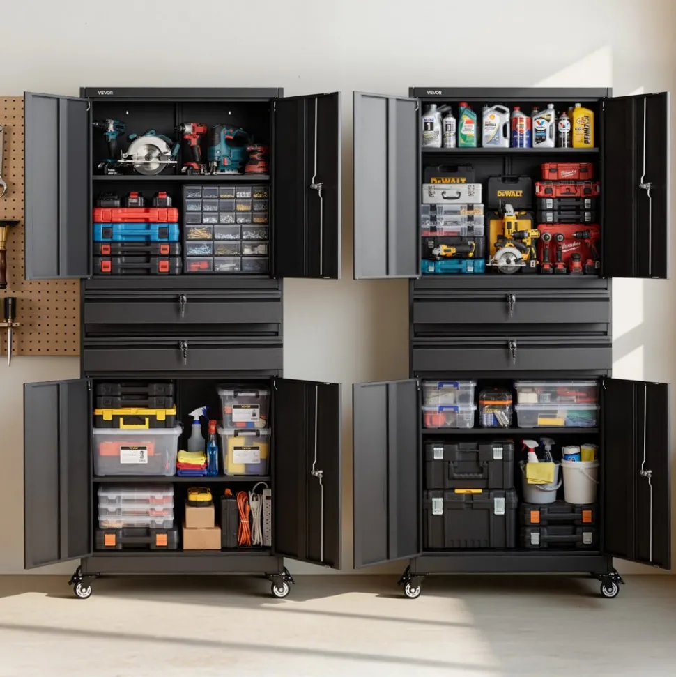 VEVOR Metal Storage Cabinet with Wheels, 180 lbs Shelf Load Capacity, 75" Tall Rolling Garage Tool Storage Cabinet with 4 Locking Doors and Adjustable Shelves, 2 Drawers, for Garage, Office, Home