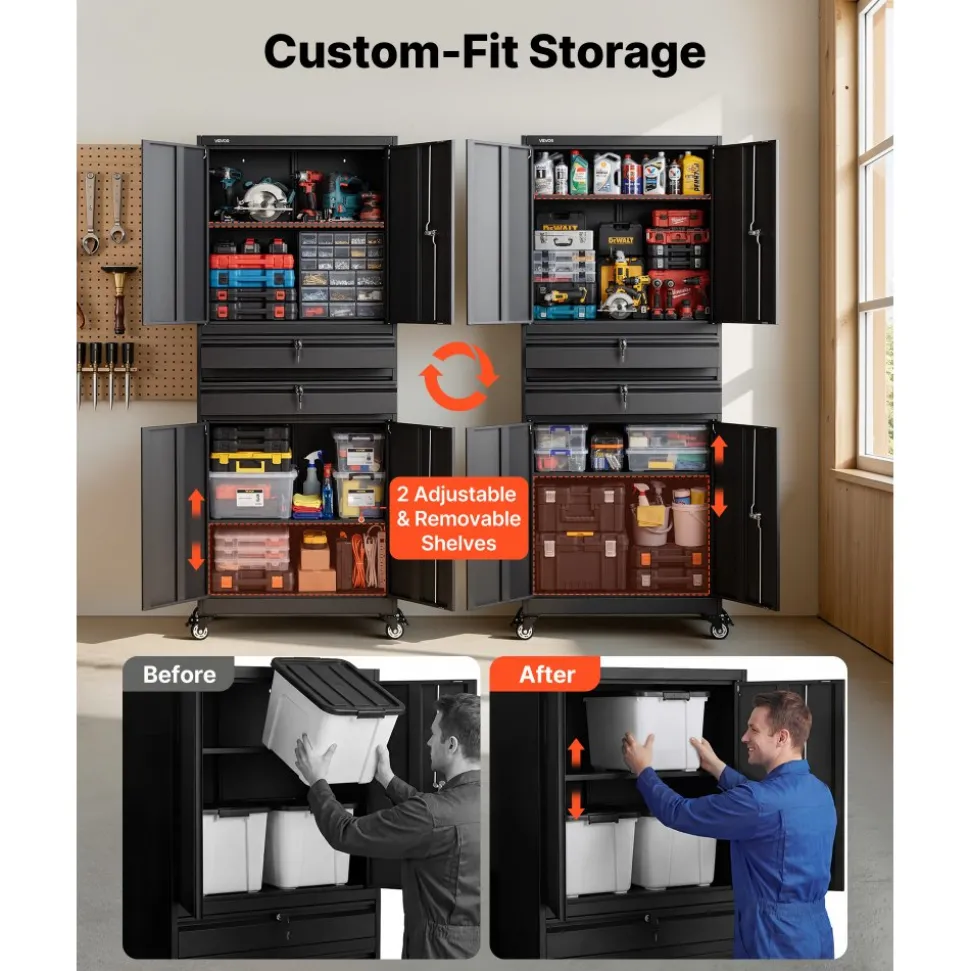 VEVOR Metal Storage Cabinet with Wheels, 180 lbs Shelf Load Capacity, 75" Tall Rolling Garage Tool Storage Cabinet with 4 Locking Doors and Adjustable Shelves, 2 Drawers, for Garage, Office, Home