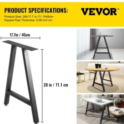 VEVOR Metal Table Legs 28 x 17.7 inch A-Shaped Desk Legs Set of 2 Heavy Duty Bench Legs with Polyurethane Coating, Furniture Legs with Floor Protectors, Wrought Iron Coffee Table Legs for Home DIY Bla