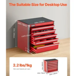 VEVOR Metal Tool Box, 8.6-inch, Portable Metal Tool Box with 5 Drawers, Small Tool Chest with EVA Liners and PP Feet Pads, Heavy-Duty Steel With Ball Bearing Opening and Powder Coated Finish, Red