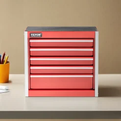 VEVOR Metal Tool Box, 8.6-inch, Portable Metal Tool Box with 5 Drawers, Small Tool Chest with EVA Liners and PP Feet Pads, Heavy-Duty Steel With Ball Bearing Opening and Powder Coated Finish, Red