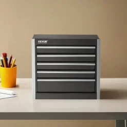 VEVOR Metal Tool Box, 8.6-inch, Portable Metal Tool Box with 5 Drawers, Small Tool Chest with EVA Liners and PP Feet Pads, Heavy-Duty Steel With Ball Bearing Opening and Powder Coated Finish, Black