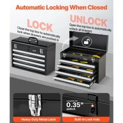 VEVOR Metal Tool Box, 20.5-inch, Portable Metal Tool Box with 3 Drawers, Small Tool Chest with EVA Liners, Ball Bearing Slide Drawers Locking & Powder Coated Finish, Multi-Function Tool Organizer