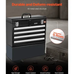VEVOR Metal Tool Box, 20.5-inch, Portable Metal Tool Box with 3 Drawers, Small Tool Chest with EVA Liners, Ball Bearing Slide Drawers Locking & Powder Coated Finish, Multi-Function Tool Organizer, Red