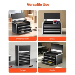 VEVOR Metal Tool Box, 8.6-inch, Portable Metal Tool Box with 3 Drawers, Small Tool Chest with EVA Liners and PP Feet Pads, Heavy-Duty Steel With Ball Bearing Opening and Powder Coated Finish, Black