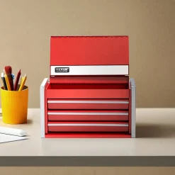 VEVOR Metal Tool Box, 8.6-inch, Portable Metal Tool Box with 3 Drawers, Small Tool Chest with EVA Liners and PP Feet Pads, Heavy-Duty Steel With Ball Bearing Opening and Powder Coated Finish, Red