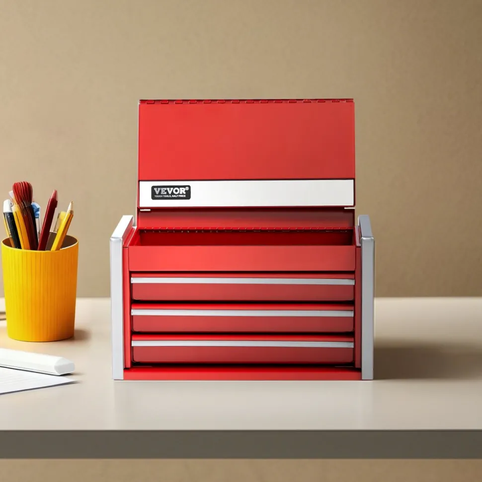 VEVOR Metal Tool Box, 8.6-inch, Portable Metal Tool Box with 3 Drawers, Small Tool Chest with EVA Liners and PP Feet Pads, Heavy-Duty Steel With Ball Bearing Opening and Powder Coated Finish, Red