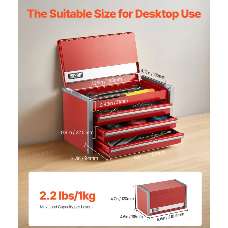 VEVOR Metal Tool Box, 8.6-inch, Portable Metal Tool Box with 3 Drawers, Small Tool Chest with EVA Liners and PP Feet Pads, Heavy-Duty Steel With Ball Bearing Opening and Powder Coated Finish, Red