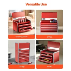 VEVOR Metal Tool Box, 8.6-inch, Portable Metal Tool Box with 3 Drawers, Small Tool Chest with EVA Liners and PP Feet Pads, Heavy-Duty Steel With Ball Bearing Opening and Powder Coated Finish, Red