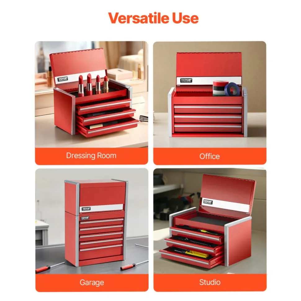 VEVOR Metal Tool Box, 8.6-inch, Portable Metal Tool Box with 3 Drawers, Small Tool Chest with EVA Liners and PP Feet Pads, Heavy-Duty Steel With Ball Bearing Opening and Powder Coated Finish, Red