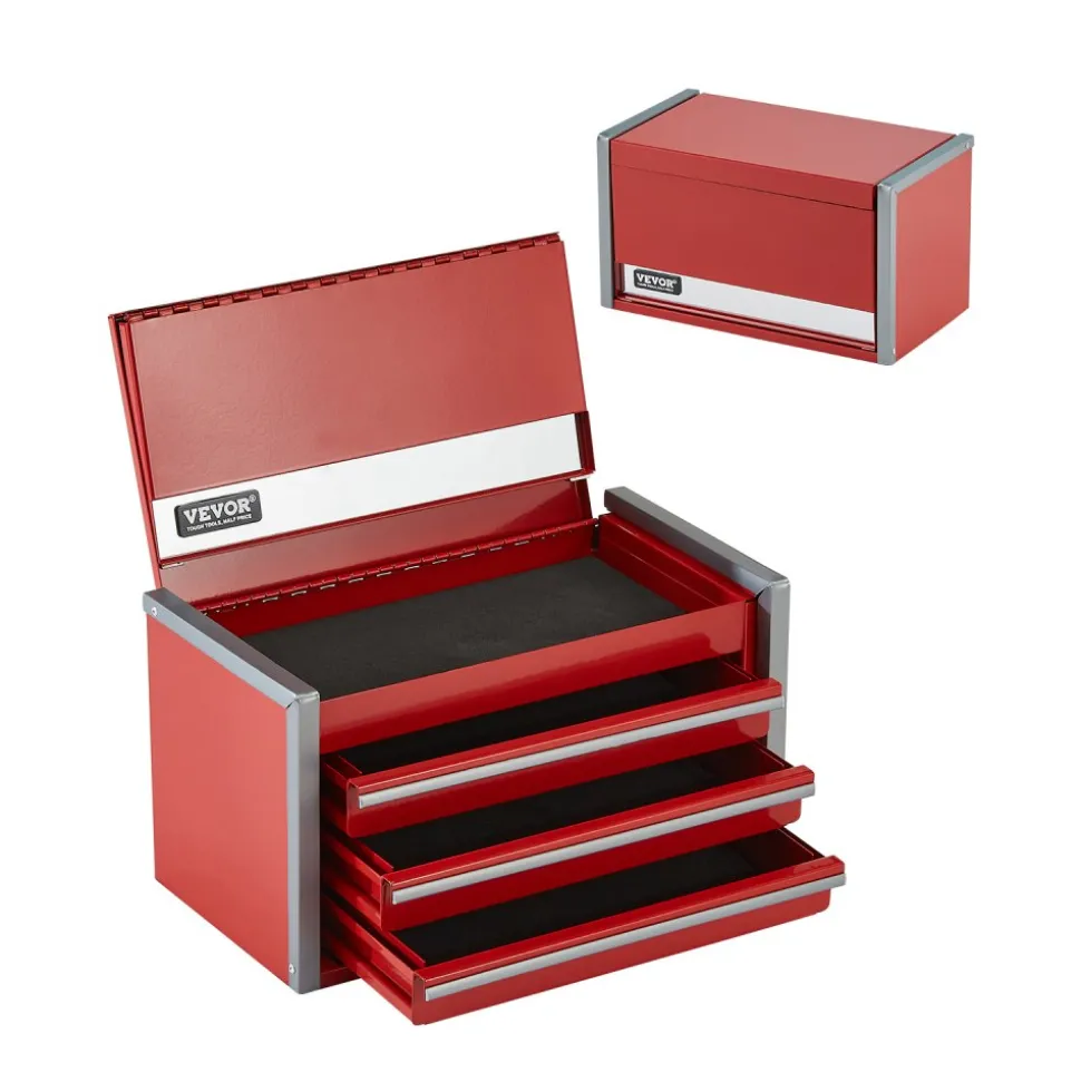 VEVOR Metal Tool Box, 8.6-inch, Portable Metal Tool Box with 3 Drawers, Small Tool Chest with EVA Liners and PP Feet Pads, Heavy-Duty Steel With Ball Bearing Opening and Powder Coated Finish, Red