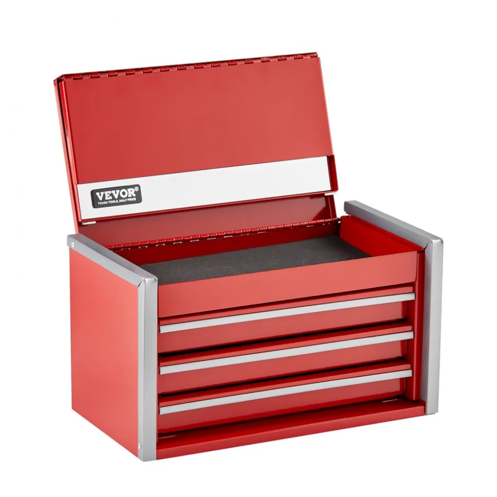 VEVOR Metal Tool Box, 8.6-inch, Portable Metal Tool Box with 3 Drawers, Small Tool Chest with EVA Liners and PP Feet Pads, Heavy-Duty Steel With Ball Bearing Opening and Powder Coated Finish, Red