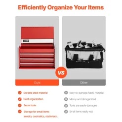 VEVOR Metal Tool Box, 8.6-inch, Portable Metal Tool Box with 3 Drawers, Small Tool Chest with EVA Liners and PP Feet Pads, Heavy-Duty Steel With Ball Bearing Opening and Powder Coated Finish, Red