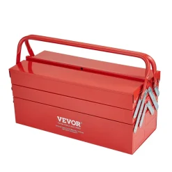 VEVOR Metal Tool Box, 18-inch, 3-Tier 5-Tray Portable Folding Tool Chest Organizer with Handle & Lock Hole, Powder Coated Steel, Cantilever Toolbox for Household Factory Warehouse Repair Shop, Red