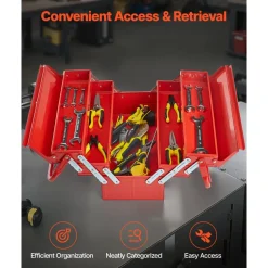 VEVOR Metal Tool Box, 18-inch, 3-Tier 5-Tray Portable Folding Tool Chest Organizer with Handle & Lock Hole, Powder Coated Steel, Cantilever Toolbox for Household Factory Warehouse Repair Shop, Red