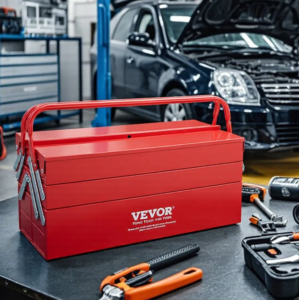 VEVOR Metal Tool Box, 18-inch, 3-Tier 5-Tray Portable Folding Tool Chest Organizer with Handle & Lock Hole, Powder Coated Steel, Cantilever Toolbox for Household Factory Warehouse Repair Shop, Red