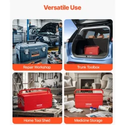 VEVOR Metal Tool Box, 18-inch, 3-Tier 5-Tray Portable Folding Tool Chest Organizer with Handle & Lock Hole, Powder Coated Steel, Cantilever Toolbox for Household Factory Warehouse Repair Shop, Red
