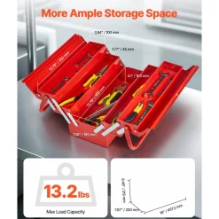 VEVOR Metal Tool Box, 18-inch, 3-Tier 5-Tray Portable Folding Tool Chest Organizer with Handle & Lock Hole, Powder Coated Steel, Cantilever Toolbox for Household Factory Warehouse Repair Shop, Red