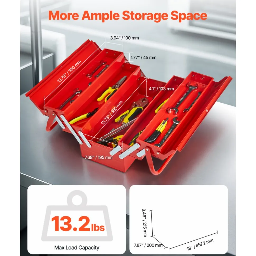 VEVOR Metal Tool Box, 18-inch, 3-Tier 5-Tray Portable Folding Tool Chest Organizer with Handle & Lock Hole, Powder Coated Steel, Cantilever Toolbox for Household Factory Warehouse Repair Shop, Red