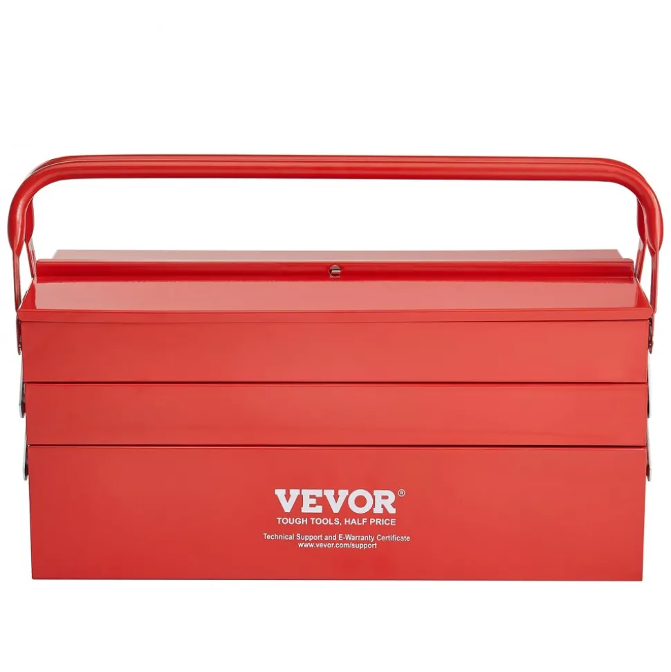 VEVOR Metal Tool Box, 18-inch, 3-Tier 5-Tray Portable Folding Tool Chest Organizer with Handle & Lock Hole, Powder Coated Steel, Cantilever Toolbox for Household Factory Warehouse Repair Shop, Red