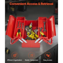 VEVOR Metal Tool Box, 14-inch, 2-Tier 3-Tray Portable Folding Tool Chest Organizer with Handle & Lock Hole, Powder Coated Steel, Cantilever Toolbox for Household Factory Warehouse Repair Shop, Red