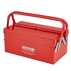 VEVOR Metal Tool Box, 14-inch, 2-Tier 3-Tray Portable Folding Tool Chest Organizer with Handle & Lock Hole, Powder Coated Steel, Cantilever Toolbox for Household Factory Warehouse Repair Shop, Red