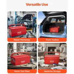 VEVOR Metal Tool Box, 14-inch, 2-Tier 3-Tray Portable Folding Tool Chest Organizer with Handle & Lock Hole, Powder Coated Steel, Cantilever Toolbox for Household Factory Warehouse Repair Shop, Red