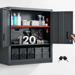 VEVOR Metal Wall Cabinet, 30W x 12.01D x 30H Inch, Steel Floating Hanging Storage Cabinet with Locking Doors and Adjustable Shelf for Garage, Basement, Kitchen, Warehouse Assembly Required, Black