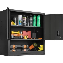 VEVOR Metal Wall Cabinet, 30W x 12.01D x 30H Inch, Steel Floating Hanging Storage Cabinet with Locking Doors and Adjustable Shelf for Garage, Basement, Kitchen, Warehouse Assembly Required, Black