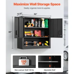 VEVOR Metal Wall Cabinet, 30W x 12.01D x 30H Inch, Steel Floating Hanging Storage Cabinet with Locking Doors and Adjustable Shelf for Garage, Basement, Kitchen, Warehouse Assembly Required, Black