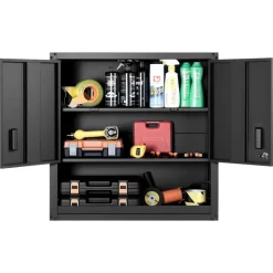 VEVOR Metal Wall Cabinet, 30W x 12.01D x 30H Inch, Steel Floating Hanging Storage Cabinet with Locking Doors and Adjustable Shelf for Garage, Basement, Kitchen, Warehouse Assembly Required, Black