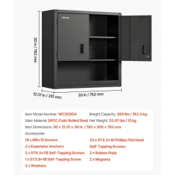 VEVOR Metal Wall Cabinet, 30W x 12.01D x 30H Inch, Steel Floating Hanging Storage Cabinet with Locking Doors and Adjustable Shelf for Garage, Basement, Kitchen, Warehouse Assembly Required, Black