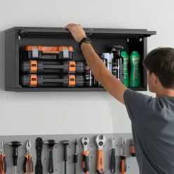 VEVOR Metal Wall Cabinet, 27.56W x 12.01D x 14.02H Inch, Floating Garage Tool Cabinet with Up-Flip Door, 120 lbs Load per Shelf, Fit for Garage, Basement, Kitchen, Warehouse, Assembly Required